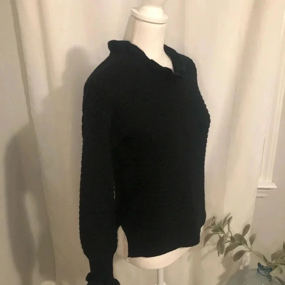 Madewell Black Ruffled Neck Merino Wool/ Cotton Ribbed Knit Pullover Sweater - Picture 8 of 11